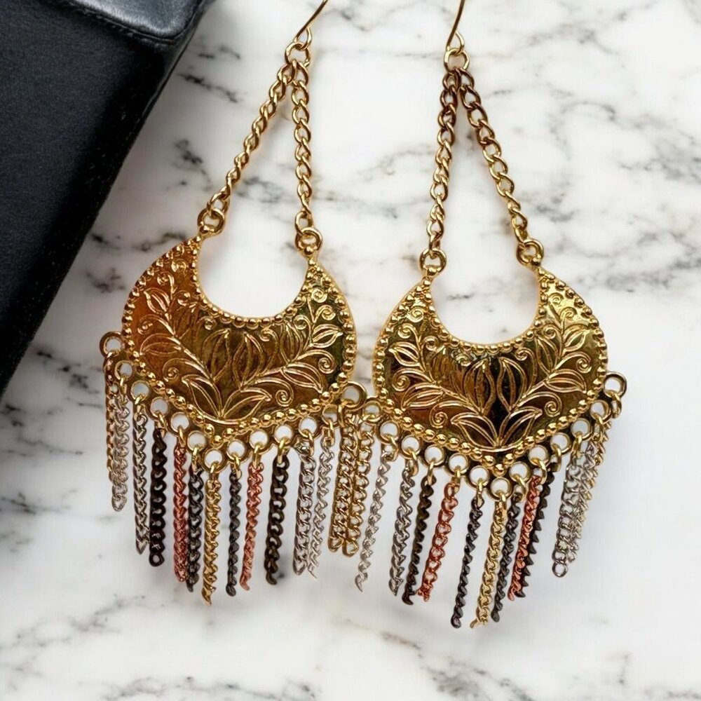 Metallic Chandelier Earrings Gold Tone Chain Fringe Copper Silver Tones